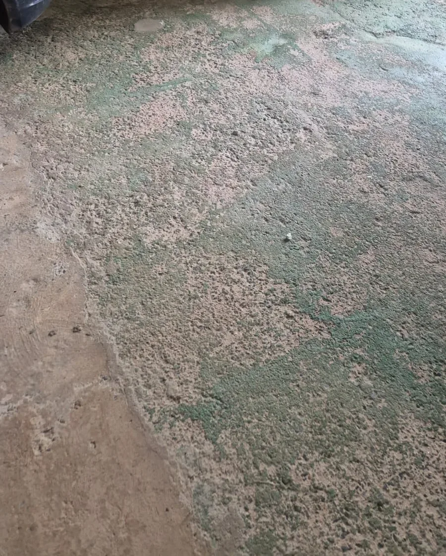 Garagem com piso de concreto desgastado e pintura verde descascando